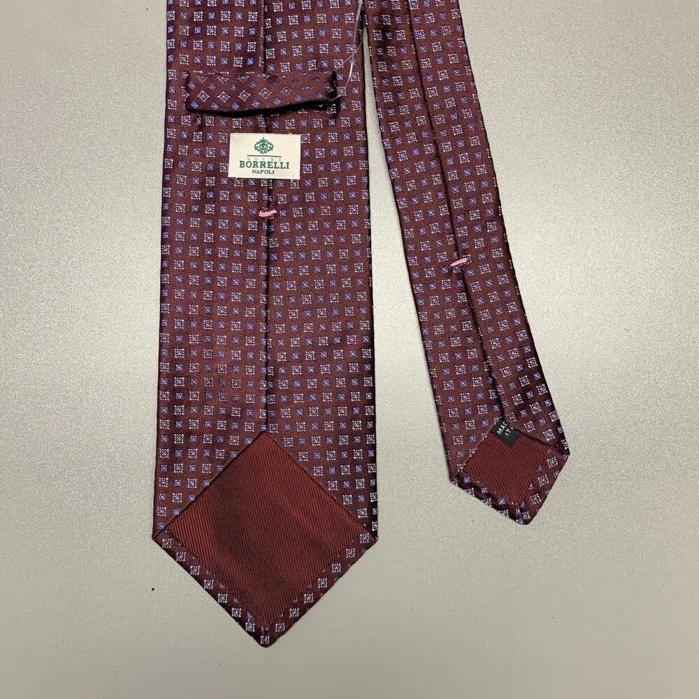 BORRELLI Burgundy Blue Squares Silk Tie